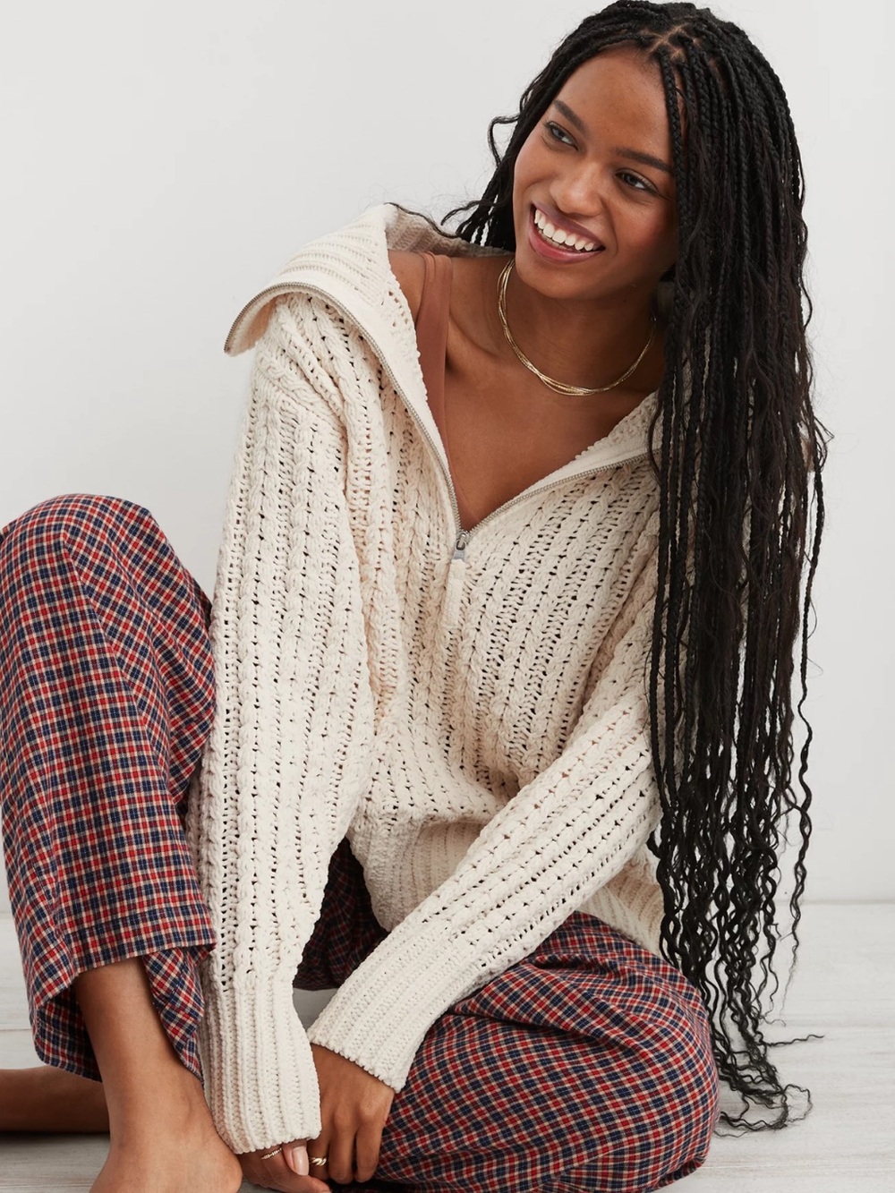 AERIE Cable Car Quarter Zip Open Knit Sweater Small Beachy Coastal